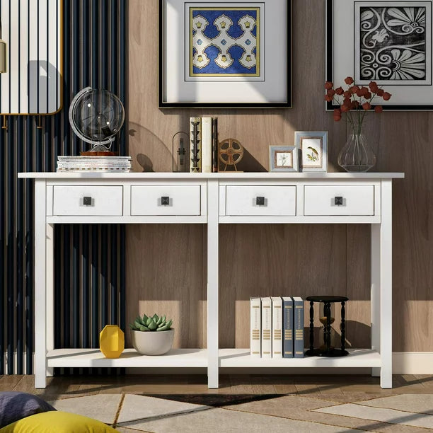 Console Table Sofa Table Sideboard with Drawer and Bottom Shelf,Entryway/ Living Room/ Dining Room(Ivory White)