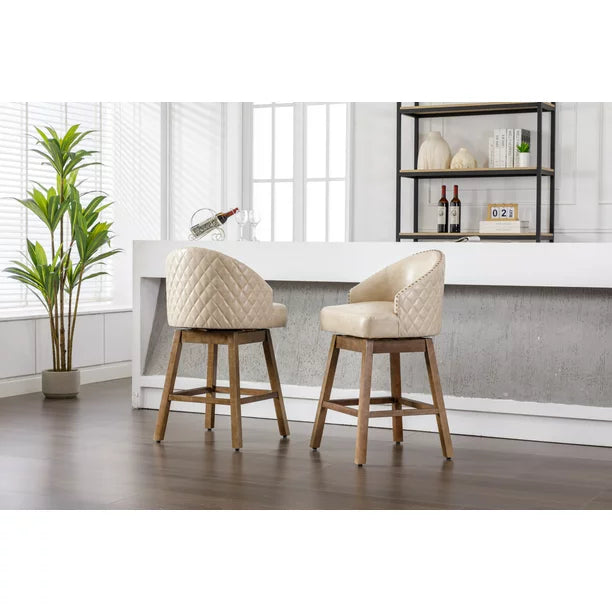 360 Degree Swivel Bar Stools Set of 2, Counter Height Bar Chairs with Back and Footrest, PU Counter Height Bar Stools with Arm for Kitchen Dining Room, Apricot