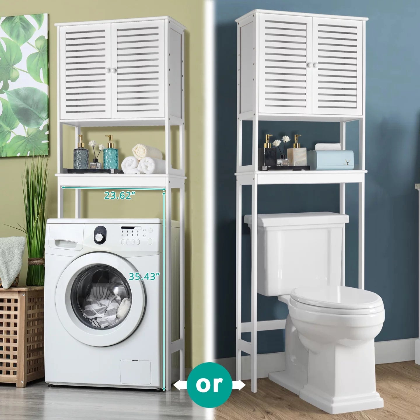 Bathroom Over The Toilet Storage Cabinet, Bamboo Over Toilet Organizer with 2 Doors, Inside Adjustable Shelf and Open Shelf, Freestanding Storage Rack for Laundry, Hotel, Restroom, White