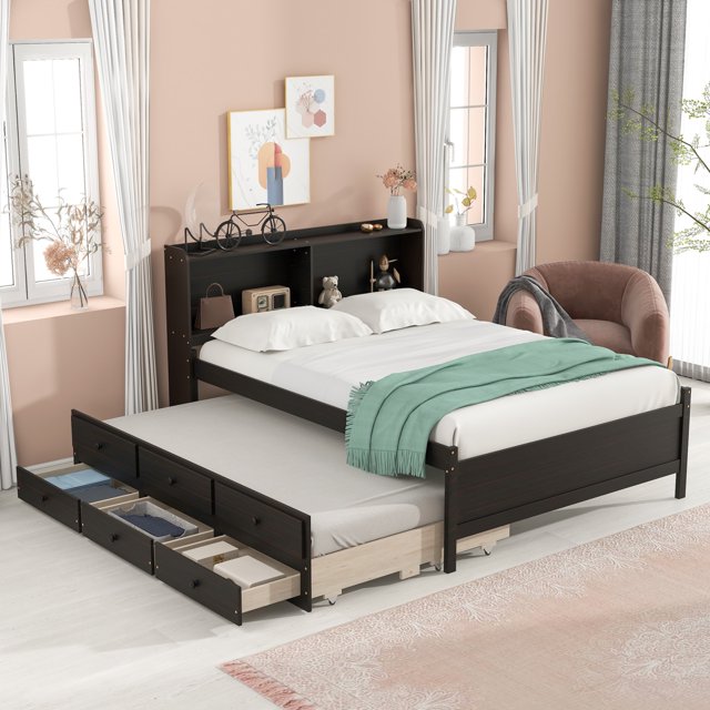 Full Bed Frame with Twin Trundle, Wood Bed Frame with Storage Headboard and Drawers, Platform Bed Frame with Trundle for Kids Teens Adults, No Box Spring Needed