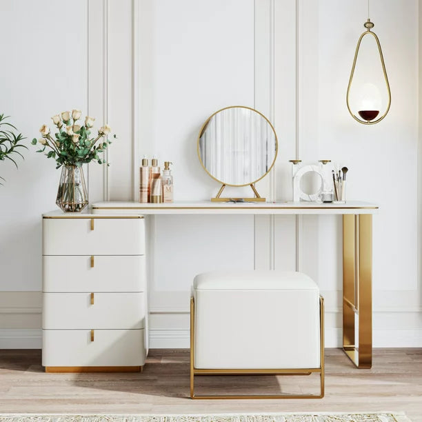 Large Vanity Set Makeup Vanity Dressing Table with 4 Drawers, 47" Vanity Desk with Stainless Steel Frame Legs, Dressing Table Set with PU Leather, Side Cabinet, Mirror and Stool, White