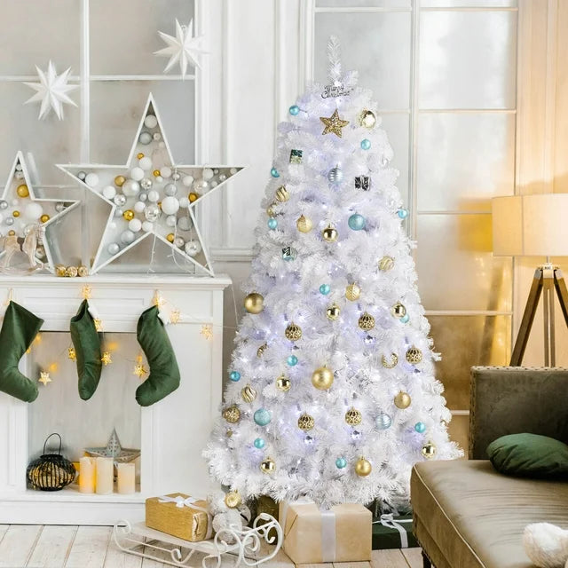 6ft Fantasy Style White Christmas Tree, Hinged Fraser Fir Christmas Tree with 845 Lush Branch Tips, 300 LED Lights, Cool Color 8 Modes, Remote Control Xmas Tree Holiday Decoration for Home