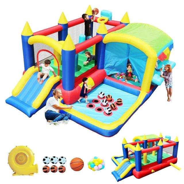 7 in 1 Inflatable Bounce House,Bouncy House with Ball Pit for Kids Indoor Outdoor Party Family Fun,Obstacles,Toddler Jump Bouncy Castle with Ball Pit for Birthday Party Gifts