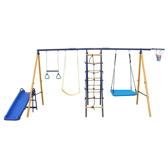 7 in 1 Outdoor Swing Set,A-Frame Heavy-Duty Metal Swing Set with Slide,2 Swing Seats,1 Climbing Net & Ladder,1 Gym Hoop,1 Basket,Safe Swing Set for Kids Playground Backyard Outdoor
