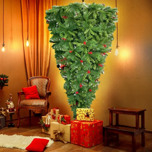 7.5FT Upside Down Christmas Tree Pre-lit Artificial Christmas Trees with Artificial Berries, Santa's Legs and 1500 Branch Tips Xmas Trees for Holiday Carnival Party Home Decorations, Green