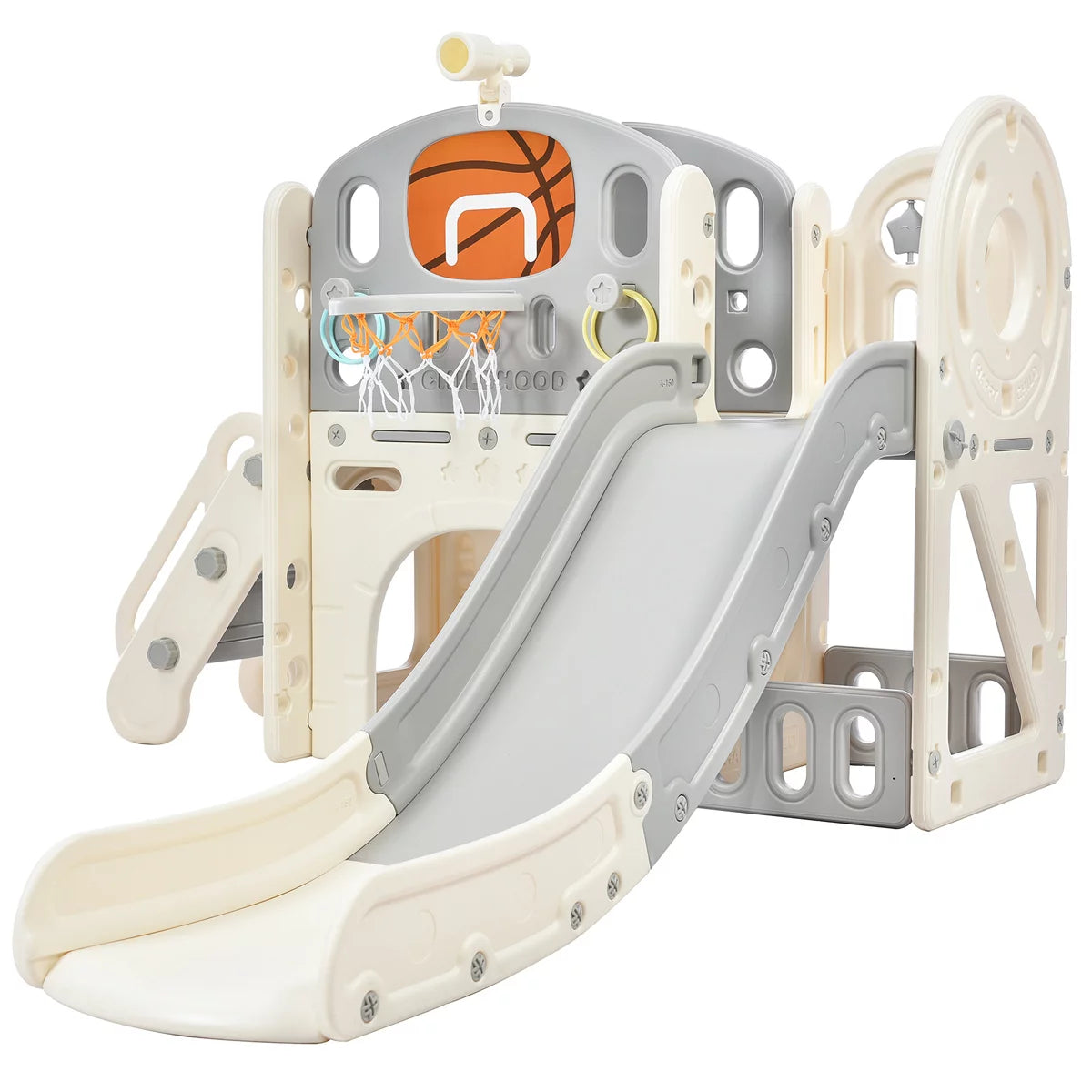 7 IN 1 Kids Slide Playset Structure, Freestanding Castle Climbing Crawling Playhouse with Slide and Arch Tunnel, Toy Storage Organizer with Ring Toss and Basketball Hoop for Toddlers Kids, Gray