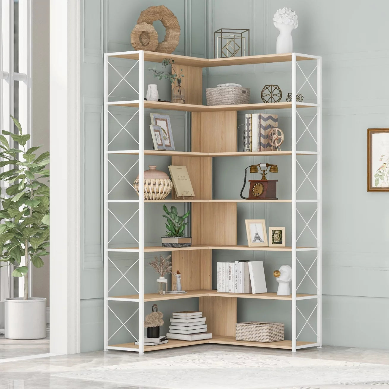 7-Tier Bookcase, L-Shaped Corner Bookcase, Tall Bookshelf with Metal Frame, Industrial Style Shelf with Open Storage, Bookshelf for Home Office Living Room and Bedroom, Oak