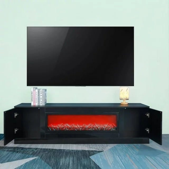70.87" Fireplace TV Stand with 38" Electric Fireplace, Entertainment Center with can light up Glass Shelves, TV Console for TVs up to 75", TV Table for Living Room,Bedroom,Office, Black