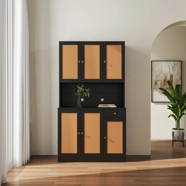 70.87" Pantry Storage Cabinet, Freestanding Kitchen Cabinet with Oven Countertop and 6 Rattan Doors, Tall Storage Cabinet with Doors and Shelves for Living Room, Black
