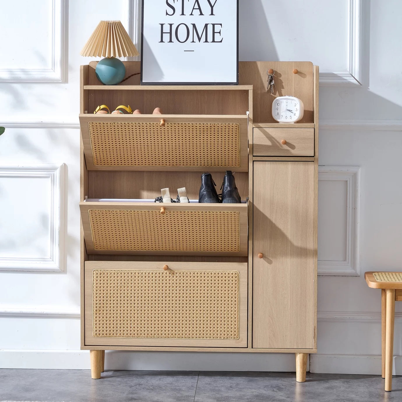 Shoe Cabinet with Rattan Doors and Open Top Shelf, Modern Storage Cabinet with Drawer and Solid Legs for Entryway, Bedroom, Living Room, Natural