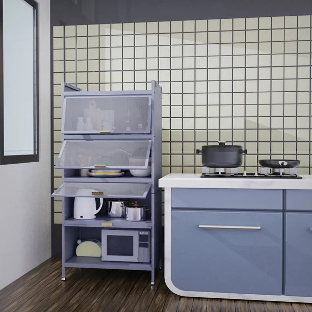 Metal Mobile Storage Cabinet, Upgraded Storage Pantry Cabinet Kitchen Bakers Rack Microwave Stand with Up-Flip Glass Doors & 4 Drawer, Vertical Storage Rack for Home Office Living Room Bedroom, Gray