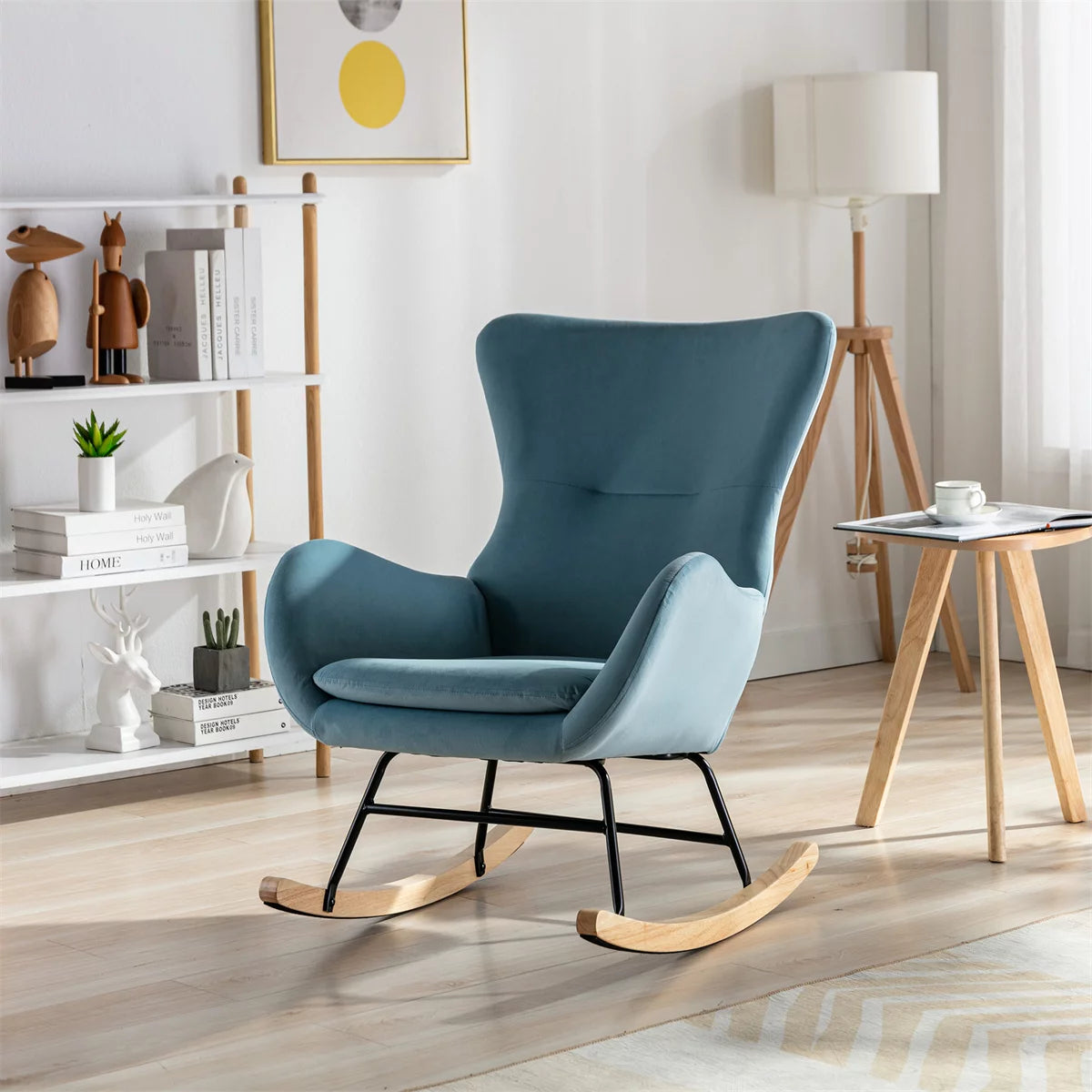 INCLAKE Modern Rocking Chair, Velvet Padded Seat Rocking Chair With High Backrest and Armrests, Nursery Rocker Chair for Living Room Bedroom, Upholstered Glider Rocker with Solid Wood Legs, Light Blue