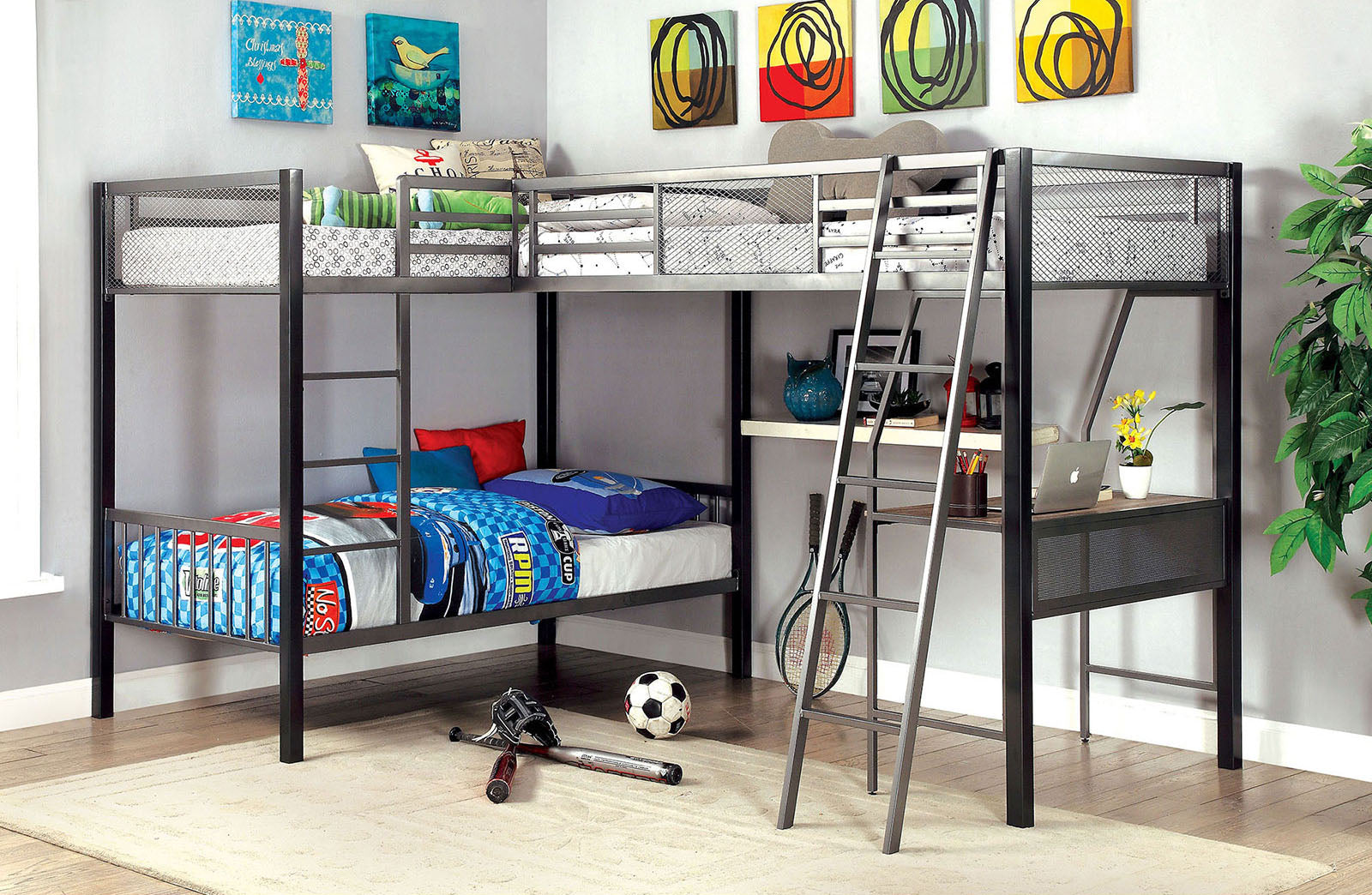 Triple Tree Modern Triple Twin L-shaped Bunk Bed Contemporary Style Corner Design With Workstation Full Metal Construction Silver Grey And Black Silver Finish