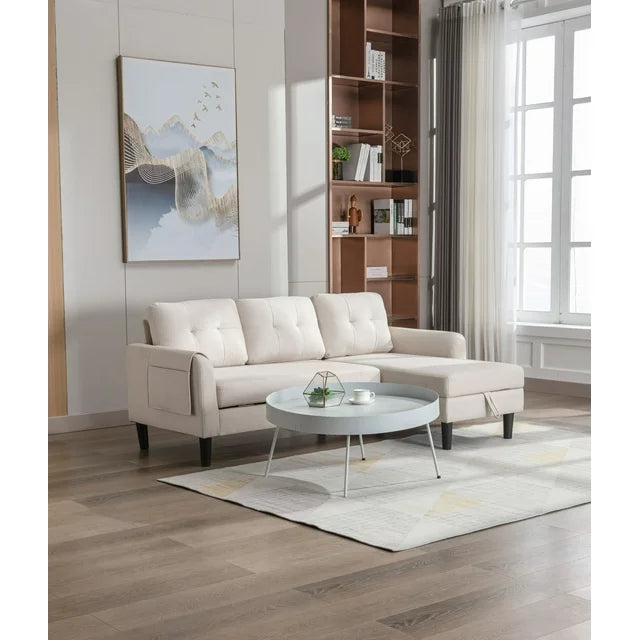 72" L-Shape Convertible Sleeper Sectional Sofa with Pull-Out Bed, 3 Seater Couch with Reversible Storage Chaise and Pocket, Upholstered Reversible Corner Couch for Living Room Apartment Dorm, Beige