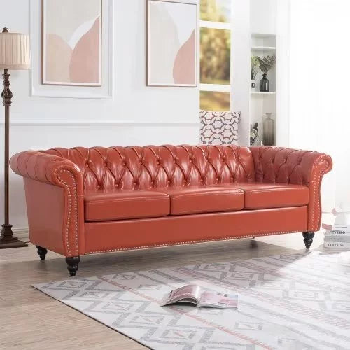 84"Rolled Arm Chesterfield Sofa Couch, Modern 3 Seater Sofa Couch, Luxious Leather Couch with Thicken Seat Cushions and Button Tufted Back, Chesterfield Couch with Nailhead Trim, Orange+PU