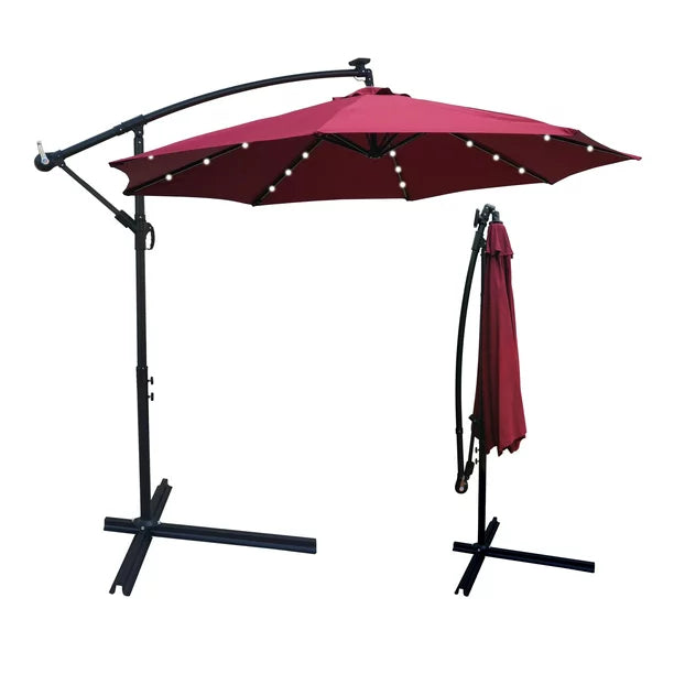 10 ft Outdoor Market Patio Beach Umbrella with Solar Powered LED Lighted and Cross Base, Offset Hanging Umbrella with Easy Tilt Adjustment and 8 Ribs for Backyard, Pool, Lawn and Garden, Burgundy