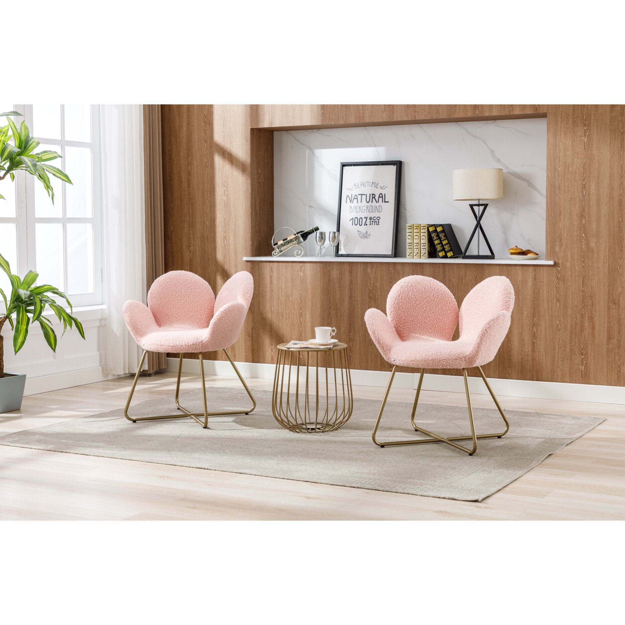 Vanity Chair Set of 2, Comfy Accent Chair Leisure Single Sofa Chair Upholstered Armchair with Metal Legs & Flower-shaped Backrest, Cute Dresser Chair with Soft Cushion for Living Room, Pink-Teddy