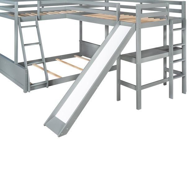 Triple Beds with Desk and Slide, Twin over Full Lshaped Bunk Bed and