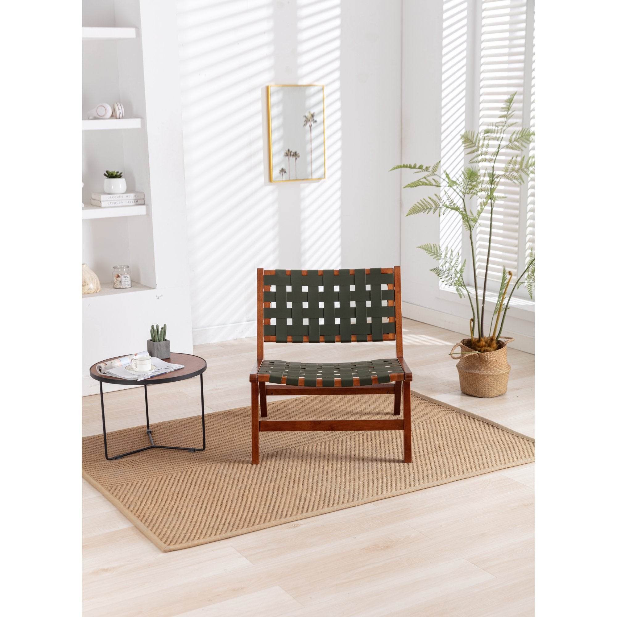 Accent Chair,Woven Leather Chair with Solid Wood Frame,Boho Wood Rattan Accent Chair,Lounge Chair for Living Room,Bedroom, Balcony,Patio