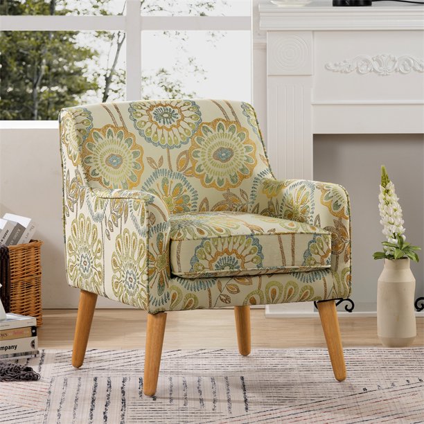 Modern Comfortable Accent Chair with Exquisite Print, Comfy Single Sofa with Thickened Full Cushion and Cone-shaped Wood Foot, Armchair Reading Chair for Living Room Lounge, Beige+Yellow