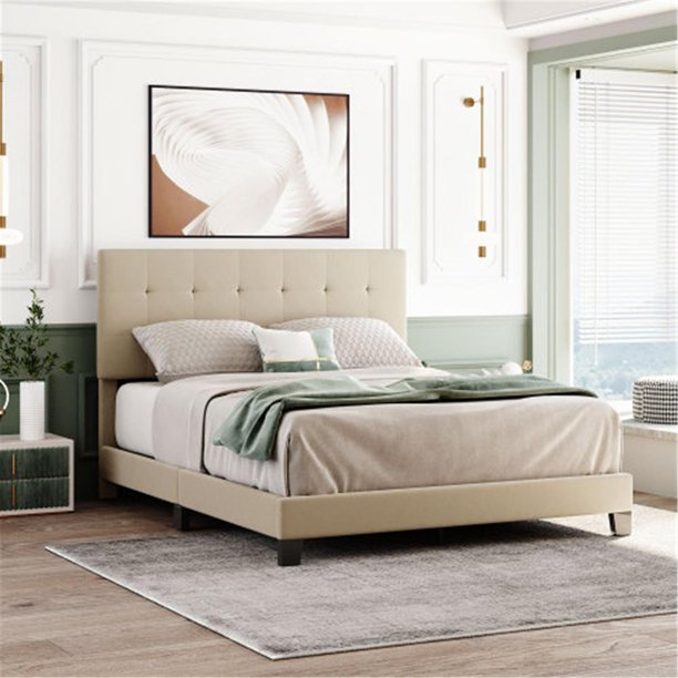 Beige Queen Upholstered Platform Bed Frame with Tufted Upholstered Headboard and Footboard, Easy Assembly