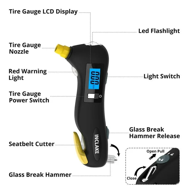 Tire Gauge,Digital Tire Pressue Gauge 150PSI with 5 in 1 Emergency Escape Tools,Accurate Reading - Powered by 2 x AAA Battery,for Cars, Trucks, Motocycles