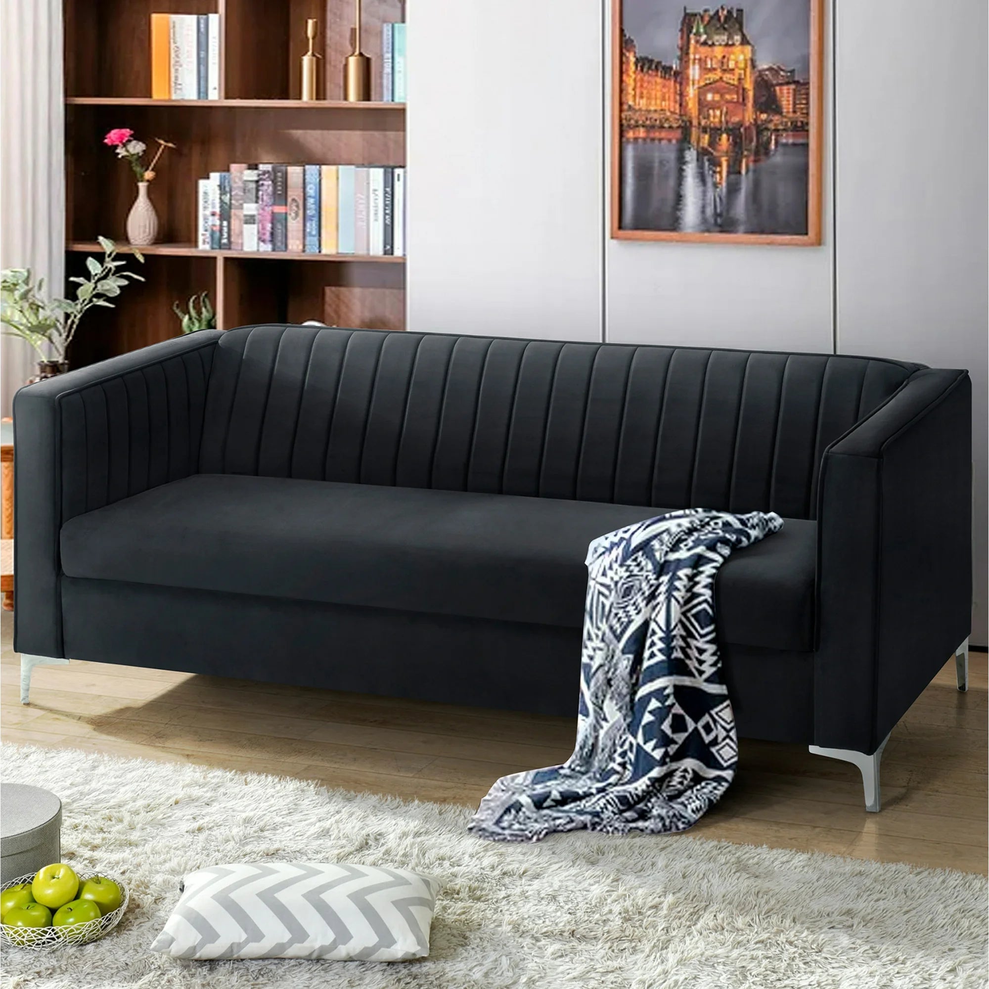 77.3"×32" Mid Century Velvet Sofa, 2-3 Seater Modern Couch, Exquisite Loveseat with Vertical Striped Decoration and Metal Legs Upholstered Sofa Couch for Living Room, Bedroom, Apartment, Office, Black