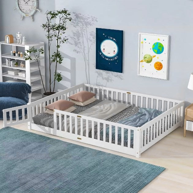 Triple Tree Queen Floor Bed Frame for Toddler, Montessori Floor Bed with Fence and Wood Slats for Girls Boys Kids Happy Time,White