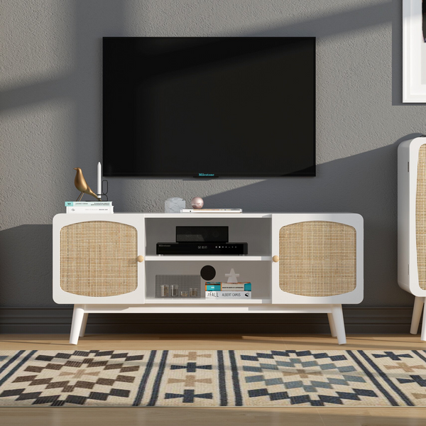 Modern TV Stand for 40 Inch TV, Farmhouse Media Entertainment Center with Rattan Door and 2 Storage Cabinet, TV Cabinet with Adjustable Shelves for Living Room, Apartment, Bedroom, White