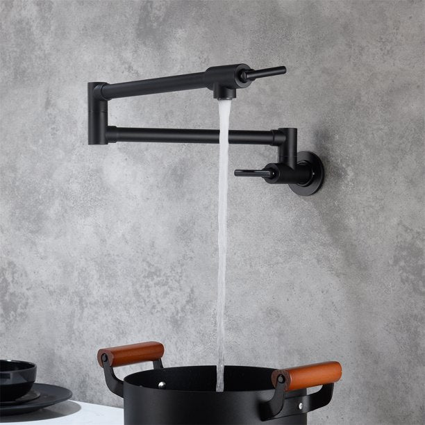JINS&VICO Vintage Design Wall Mounted Pot Filler Kitchen Stove Faucet, Brass Sink Faucet with 2 Metal Handles and Folding Stretchable Lever, Easy to Install, Black