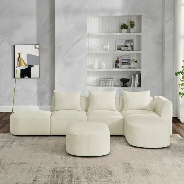 Sectional Sofa Couch, L Shape Sectional Sofa with Right Side Chaise and Ottoman, Modular Sofa for Living Room, DIY Combination, Loop Yarn Fabric, Beige