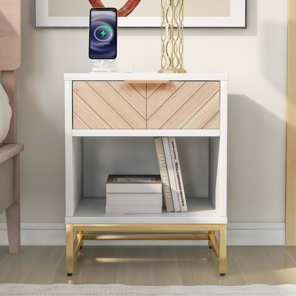 Nightstand with USB Charging Station,Modern Accent End Table with Natural Wood Finish Drawer,Sofa Side Table Storage Cabinet with Metal Legs and Handle,Bedside Table for Bedroom Living Room,White