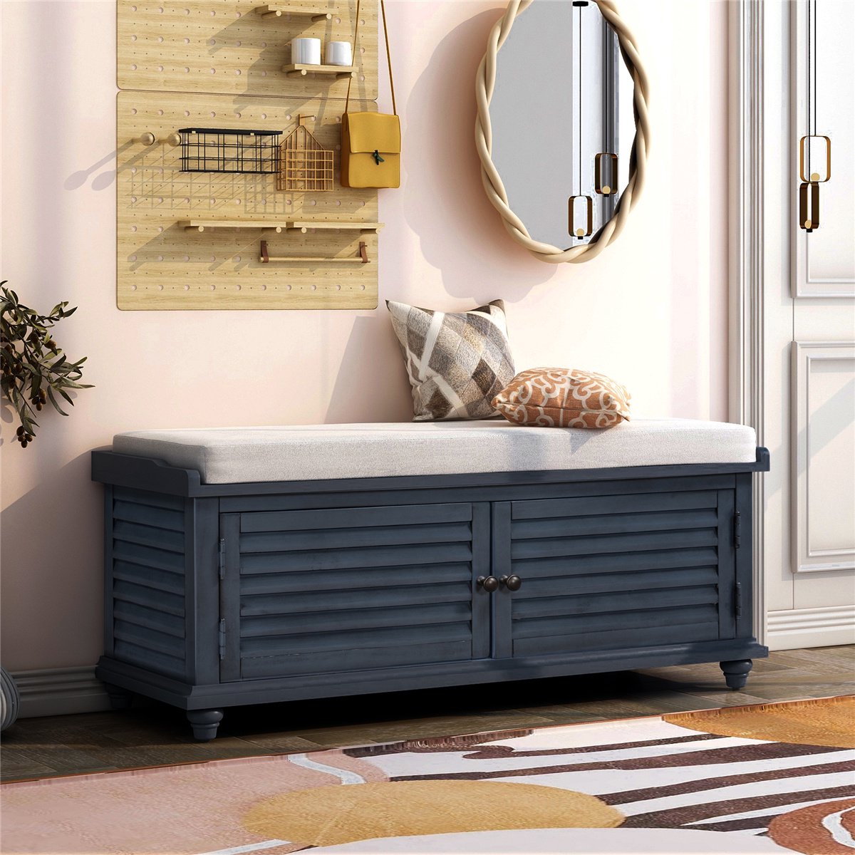 Storage Bench with Removable Cushion and Two Doors, Louver Design Shoe Bench for Entryway, Living Room, Bedroom, 43.4"L x 15.75"W x 19.4"H, Navy Blue