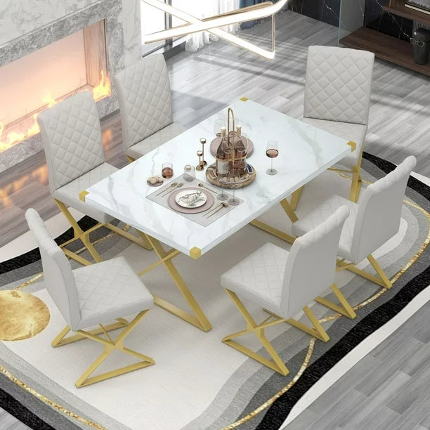 Dining Room Sets,7-Piece Modern Dining Table Set,Rectangular Marble Texture Kitchen Table and 6 PU Leather Chairs with X-Shaped Gold Steel Pipe Legs for Dining Room Living Room,White