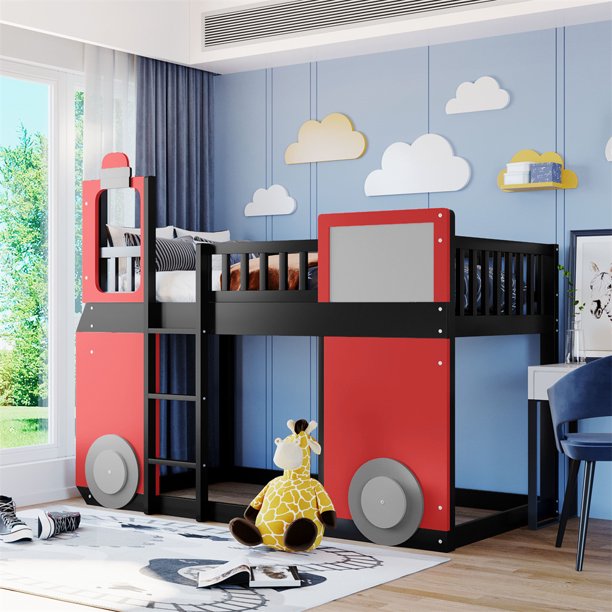 Train Shaped Bunk Bed with Window, Wood Twin Over Twin Loft Bed Frame with Full-Length Guardrail & Ladders, Multifunctional Floor Loft Bunk Bed for Boys Girls, Space-Saving, No Box Spring Needed, Red