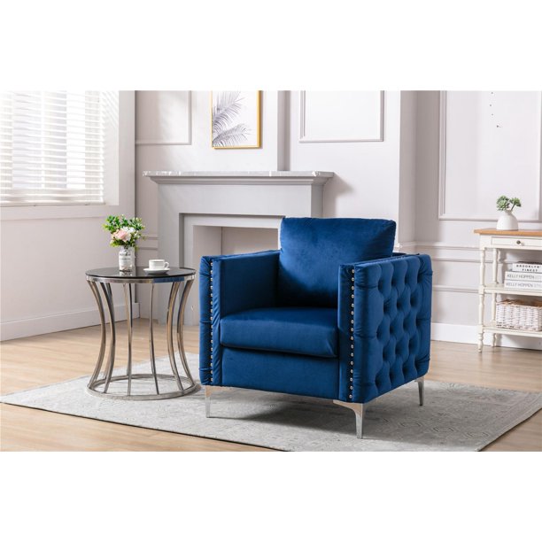 Modern Velvet Accent Chair, Tufted Button Armchair, Comfy Club Chair, Single Sofa Chair with Steel Legs for Living Room Bedroom, Navy 28.3''D x 29''W x 34.6''H