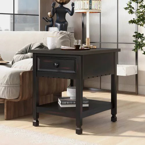 Nightstand with Open Styled Shelf Large Storage Space, Wood Rectangle Side Accent Table Living Room Storage Shelf End Table, Modern Bedside Table with Drawer, End Side Table for Bedroom, Antique Black