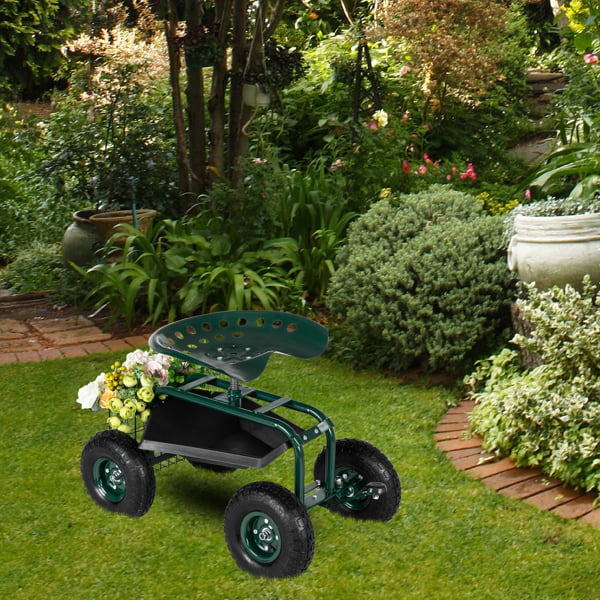 Rolling Garden Cart, 4-Wheel Garden Work Seat with Storage Basket, Height-Adjustable Swivel Seat and Extendable Steer Handle, 300-Pound Capacity for Outdoors, Lawns, and Yards, Green