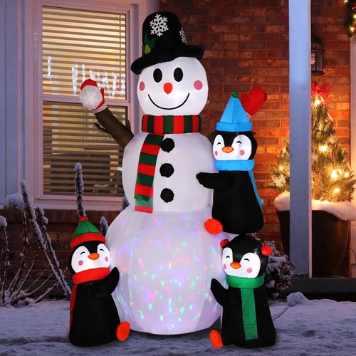 6Ft Lighted Christmas Inflatable Snowman with Three Cute Penguins, Building Color LED Lights Outdoor Indoor Holiday Decorations Blow up Yard Inflatables Home Decor