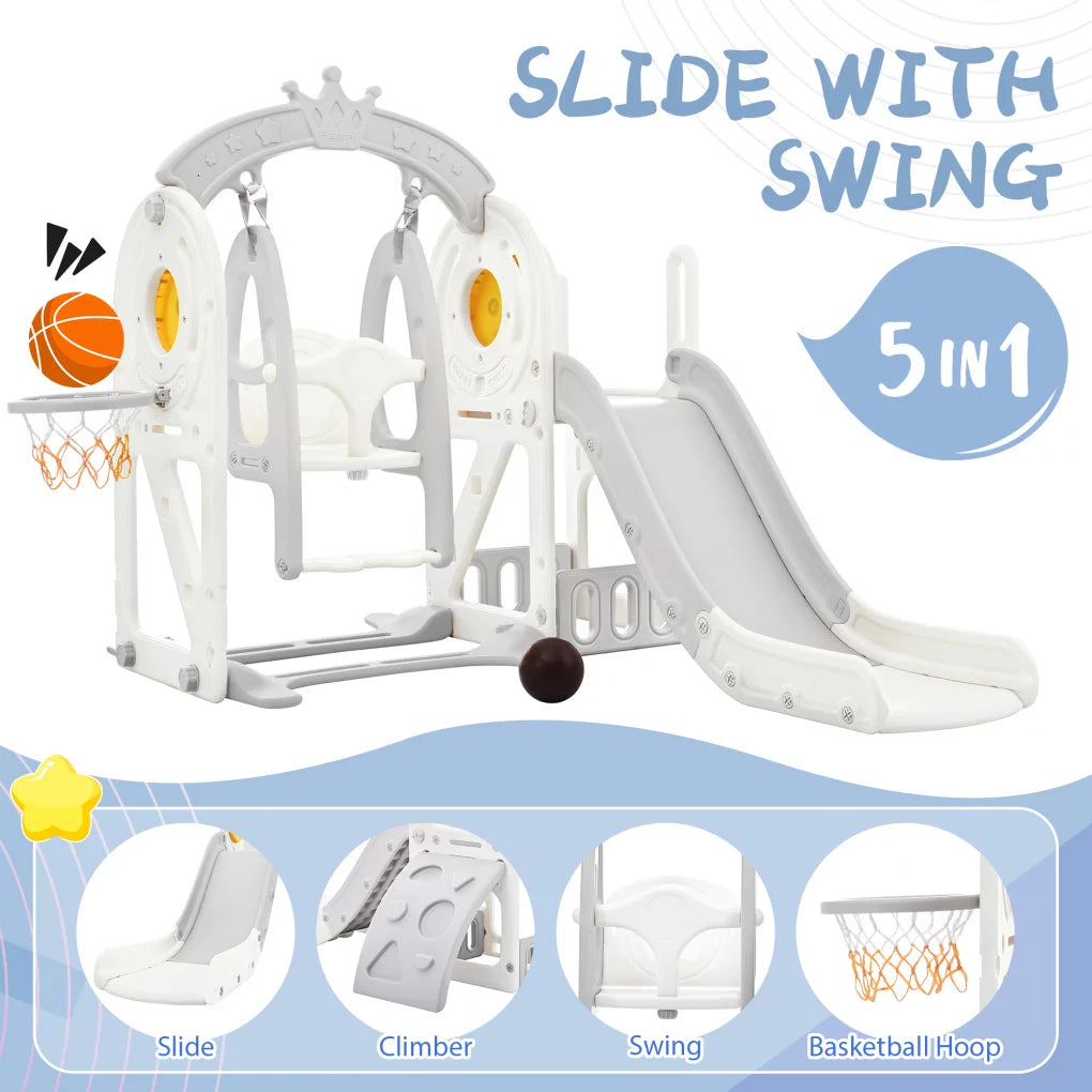 5 in 1 Toddler Slide and Swing Set, Freestanding Kids Playground Climber Slide Playset with Basketball Hoop, Outdoor Indoor Playground for Toddlers, Grey