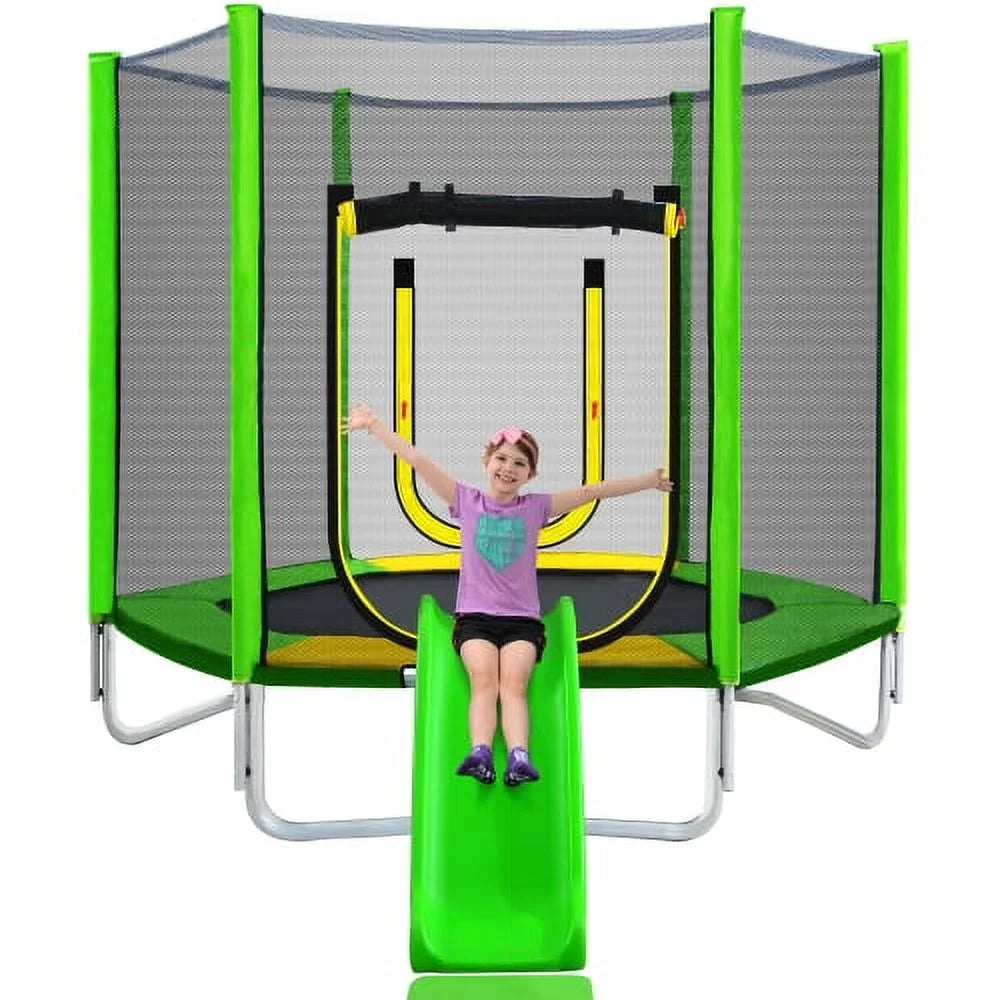 7FT Trampoline for Kids with Safety Enclosure Net, Recreational Trampoline with Slide and Ladder, Round Outdoor Trampoline,Waterproof Jump Mat for Kids, Teens, Boys, Girls