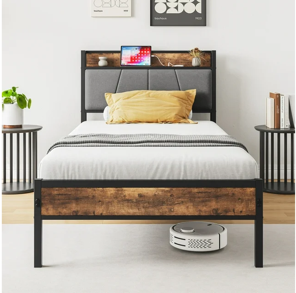 Full Size Platform Bed with Upholstered Headboard and Footboard, USB Ports Charging Station, Farmhouse Metal Bed Frame with Slats Support, Noise-Free & No Box Spring Needed
