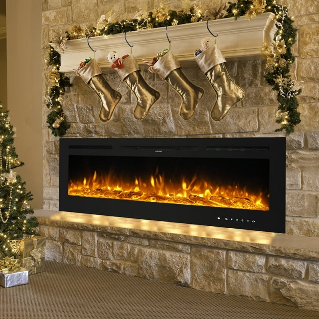 50" Smart Recessed and Wall Mounted Electric Fireplace, 750W & 1500W/Temperature-Adjustable/Timing/Fake Firewood/Crystal Stone/Touch Screen/Remote Control Colorful/9-Color Flame Fireplace