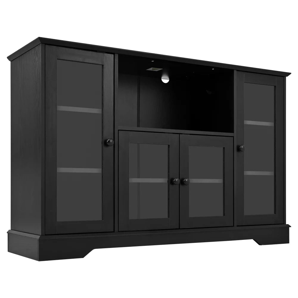 TV Stand for up to 60'' TV, TV Media Stand Console Cabinet with 4 Tempered Glass Doors & Adjustable Panels, Open Storage Cabinet Sideboard Entertainment Center TV Cabinet for Living room, Black