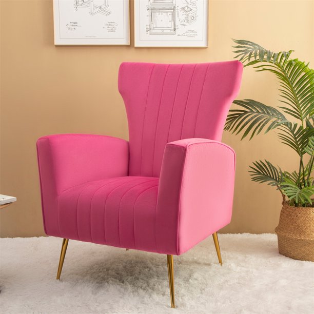 Modern Velvet Accent Chair, Wingback Arm Chair with Gold Metal Legs, Upholstered Single Sofa Chair with Tufted Back, Leisure Armchair Lounge Chair Reading Chair for Living Room Bedroom, Rose Red