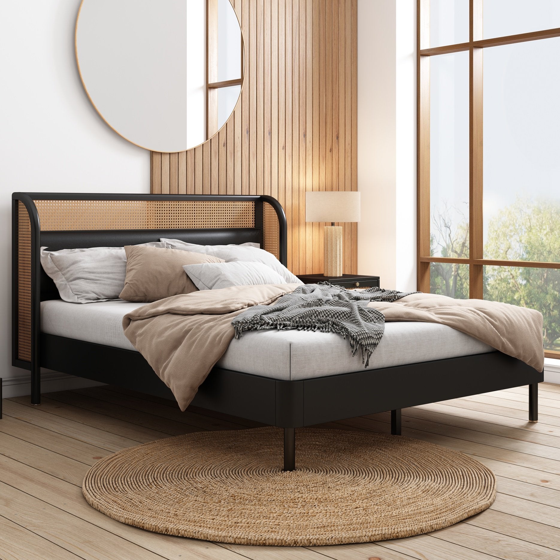 Modern Cannage Rattan Wood Platform Bed,Queen Size Platform Bed with Woven Ratten Headboard,Platform Bed Frame with PU Leather Backrest for Bed Room,Black