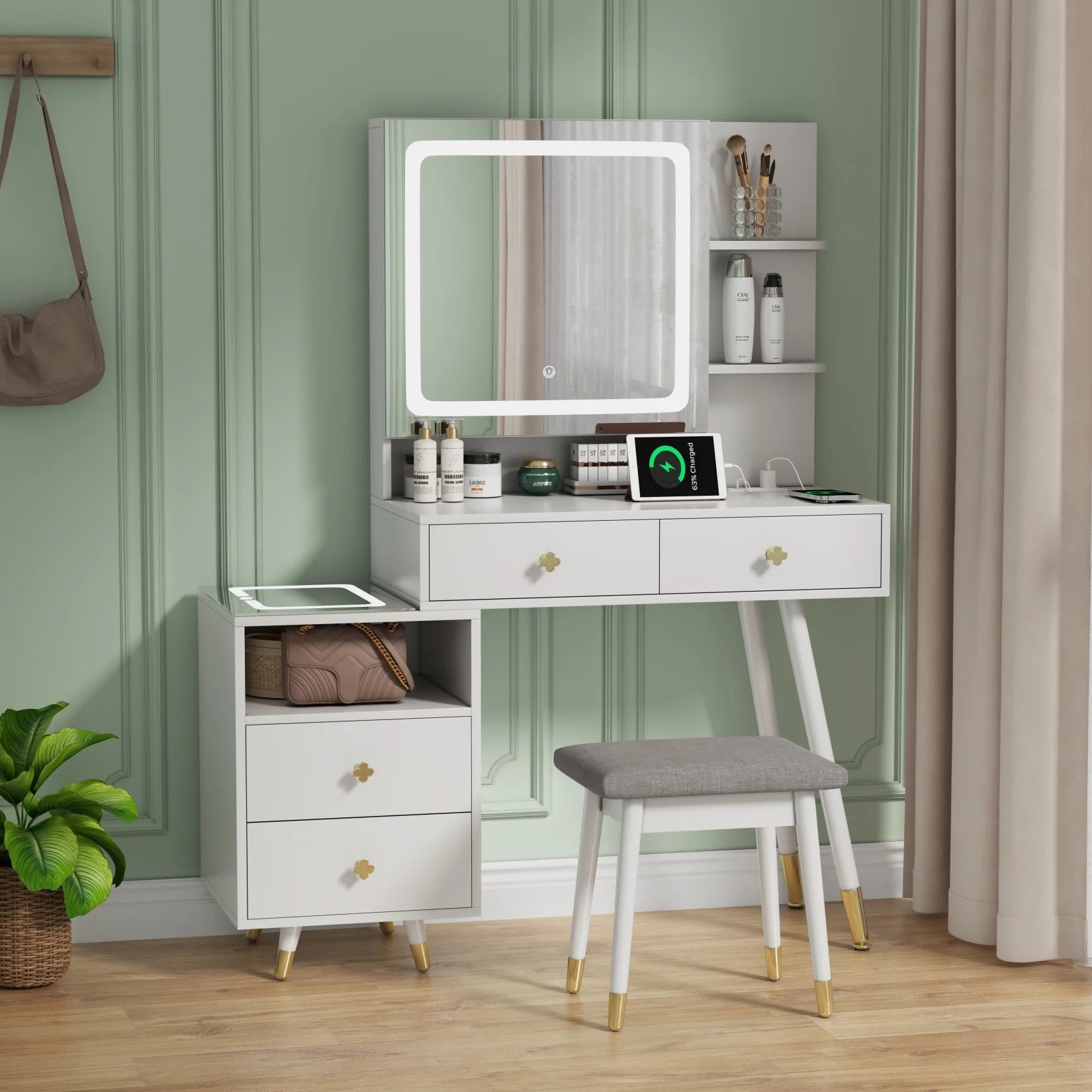 Vanity Makeup Mirror Desk with Cushioned Stool, Makeup Vanity Desk with Lights and Multi-Storage Choice, White Dressing Table for Girls, Wife, Daughter, Mother, Adjustable Light Brightness