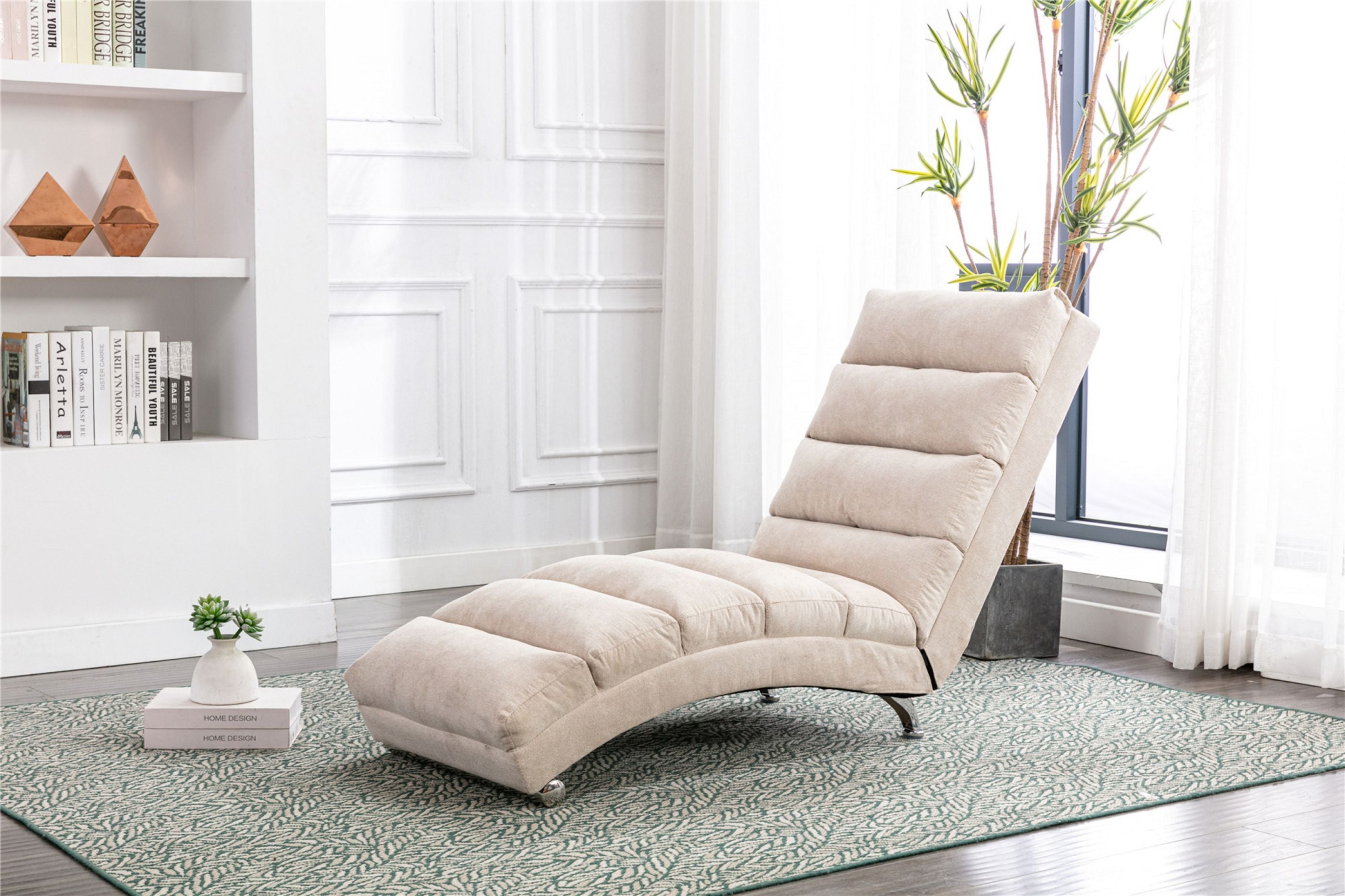 Electric Massage Chaise Lounge, Linen Indoor Lounger with Remote Control and Side Pocket, Ergonomic Indoor Royal Chair for Office, Living Room, Bedrooom, Beige