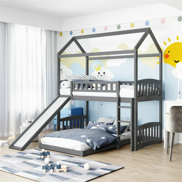 L-Shaped House Bunk Bed with Slide and Roof, Wood Twin Over Twin Floor Bunk Bed Frame with Safety Guardrail and Ladder, 2 in 1 Low Playhouse Bed, Can be Decorated, No Spring Box Required, Gray
