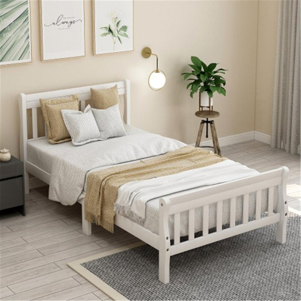 Platform Bed Frame, Twin Bed Frame, Platform Bed with Headboard and Footboard, Wood Slat Support, Six Legs, No Box Spring Needed, White
